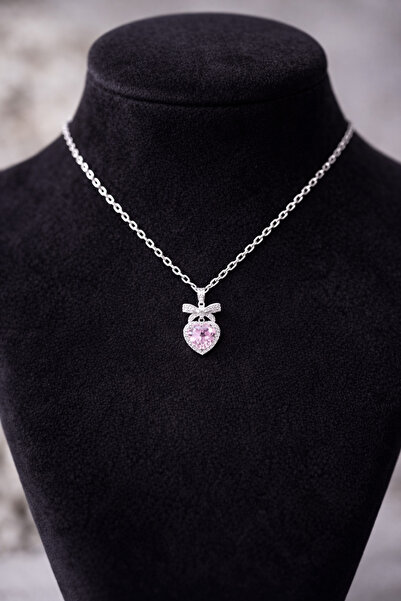 Sweet bunny Pink Stone Heart Figured Silver Color Elegant Women's Necklace