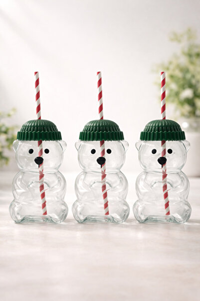 Fhilli 3-Piece Barista Glass Cold Drink Cup Cute Teddy Bear Cup 550 ml
