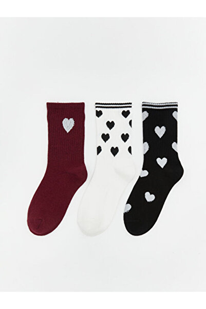 LC Waikiki Rmz Gi̇yi̇m Farkiyla Heart Embroidered Women's Socks 3-Piece Set