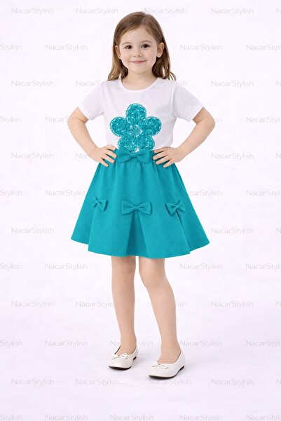 Nacar Kız Çocuk 23 Nisan 29 Ekim Papatya Tshirt&Fiyonklu Double Etek 2'li Alt...