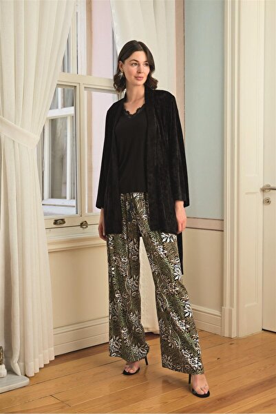Findit Floral Leaf and Ethnic Patterned Lace Trimmed 3-Piece Pajama Set