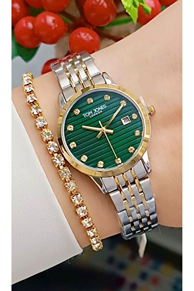 Tom Jones Yeni Model Takvimli Kadın Kol Saati Bikolor+Bileklik Hediyeli