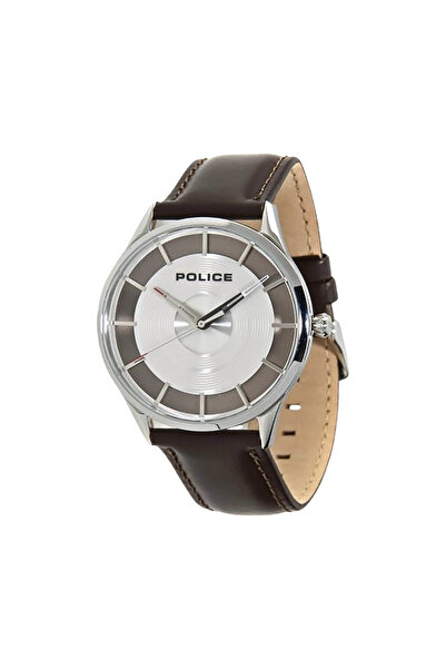 Police Men's Brown Leather Watch, Silver Dial