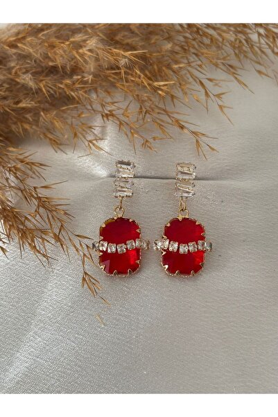 BIJUTERI Baguette Stone Detailed Red Diamond Earrings