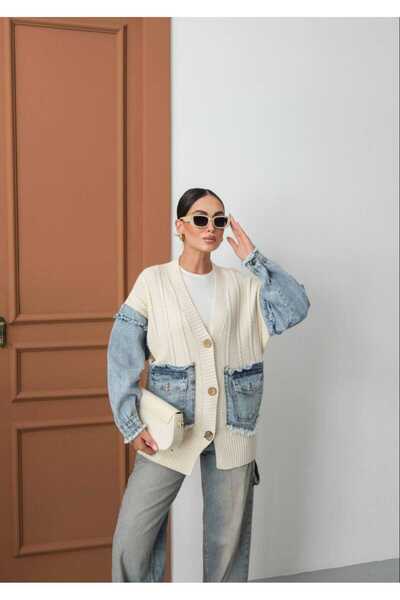 Azra Moda Style New Season Denim Kool Detail Ecru Pocket Cardigan for Women