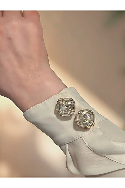 QA Quella Accessories KRİSTAL BEYAZ TAŞLI KARE BAGET MODEL GOLD DÜĞME AKSESUA...