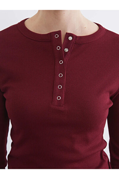 LC Waikiki Burgundy Crew Neck Corded Fabric Women's Bodysuit