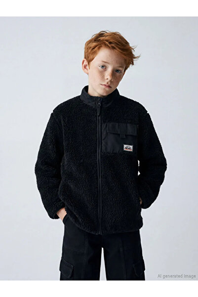 LC Waikiki Anthracite boy's Mock Neck zippered fleece cardigan