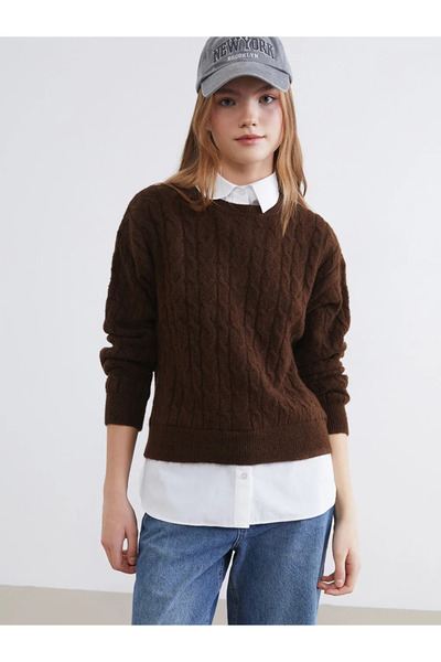 LC Waikiki Pulover tricotat pentru femei, maro, cu guler tip cămașă și model ...