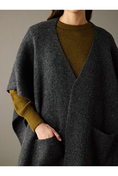 LC Waikiki Anthracite Shawl Collar Oversized Women's Knitwear Poncho