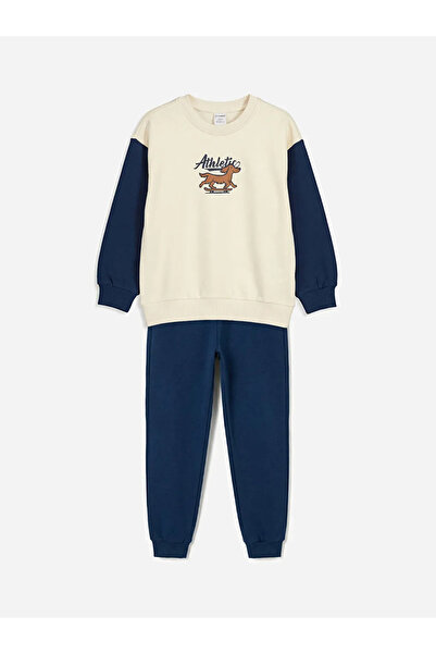 LC Waikiki Μπεζ φούτερ και παντελόνι για αγόρια με στάμπα