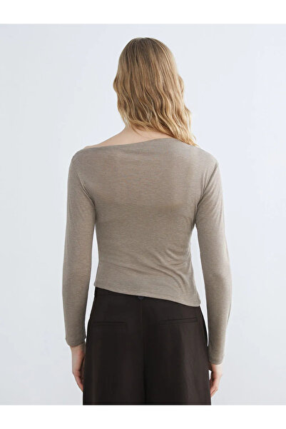 LC Waikiki Beige boat neck gathered women's bodysuit