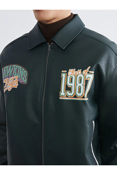 LC Waikiki Green Comfortable Fit Stranger Things Printed Men's Leather-Look J...