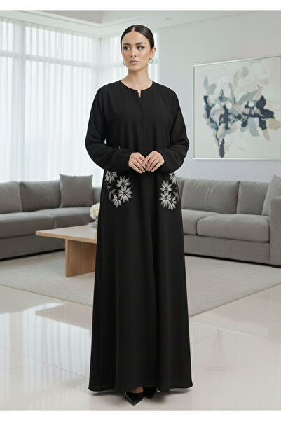 Msquare Fashion Handmade Floral Embroidered Black Abaya