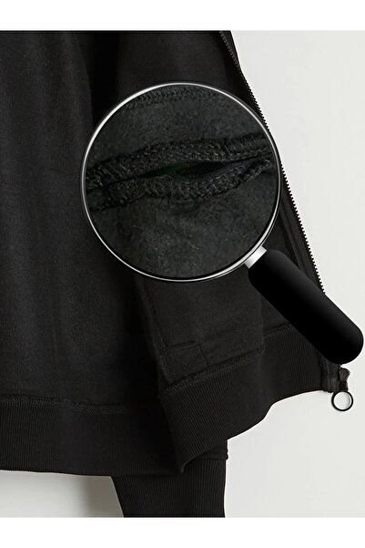 LC Waikiki Μαύρο γυναικείο φούτερ με κουμπωτά μανίκια, oversized, με χοντρό φ...