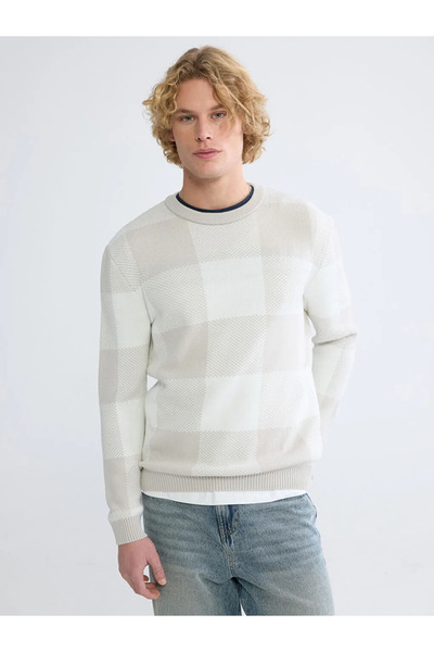 LC Waikiki Beige Crew Neck Checkered Men's Knitwear Sweater
