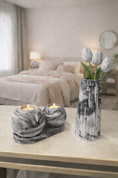 millonu Dekoratif Mermer Desen Vazo + 2 Adet Mumluk Seti | Modern Salon & Mas...