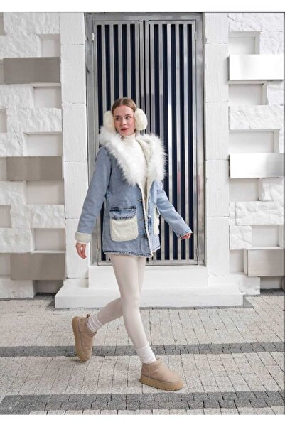 Azra Moda Style New Season Hooded Fur Detailed Denim Coat for Women