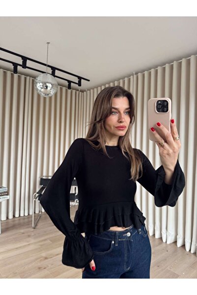 Sue Store Black Ruffled Waist Blouse