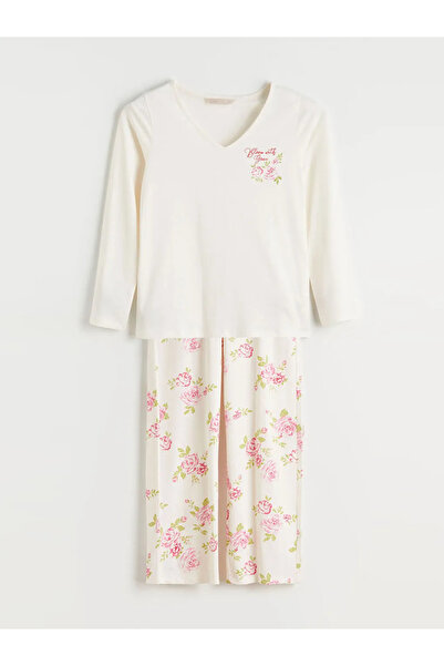 LC Waikiki Ecru v-neck floral women's pajama set