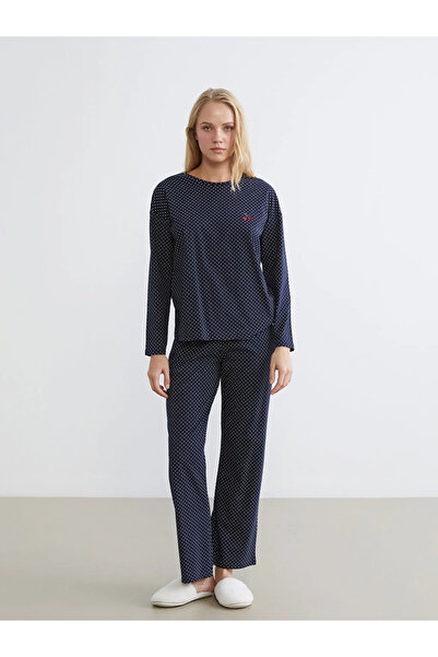 LC Waikiki Navy Blue Crew Neck Polka Dot Women's Pajama Set