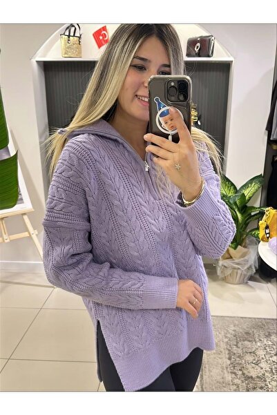 HandeButik Kadın Örgü Detaylı Uzun Tayt Üastü Kalın Fermuarlı Tunik Kazak