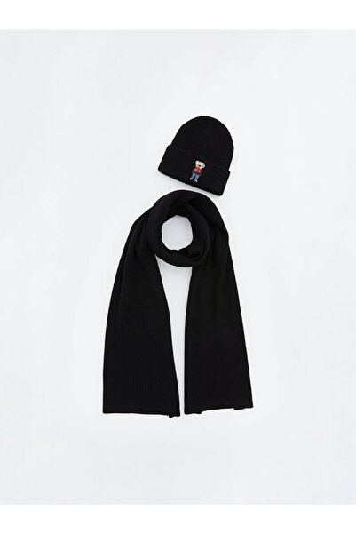 LC Waikiki Black Bear Teddy Embroidered Men's Scarf and Beanie