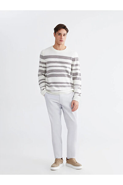 LC Waikiki Ecru Crew Neck Striped Men's Knitwear Sweater