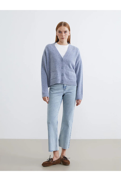 LC Waikiki Blue V-Neck Women's Knitwear Cardigan