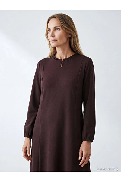 LC Waikiki Brown Crew Neck Ruffle Dress