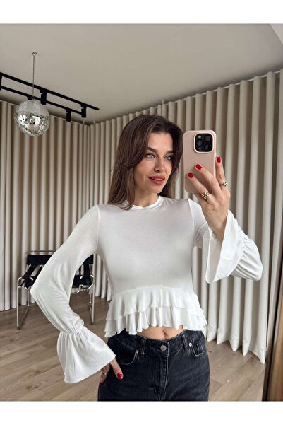Sue Store White Ruffled Waist Blouse