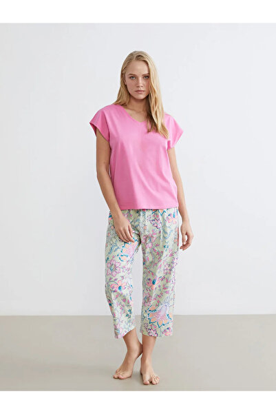 LC Waikiki Green V-Neck Floral Women's Capri Pajama Set