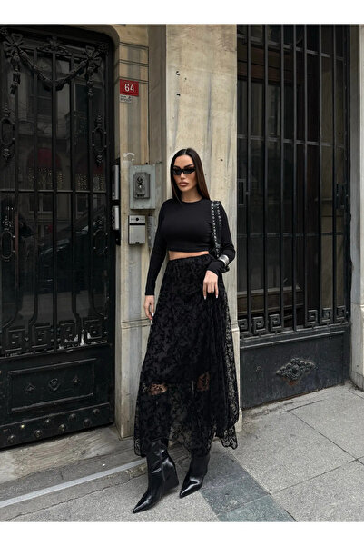 Caddebostan Moda Black Tulle Lace Detail High Waist Maxi Length Skirt Modern ...