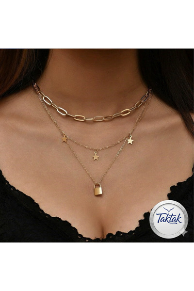 TakTak Altın Renkli Gerdanlık Kolye 3 Katlı Yıldız Kilit Ezme Zincir
