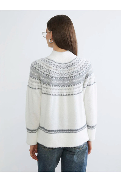 LC Waikiki Ecru Mock Neck Patterned Women's Knitwear Sweater