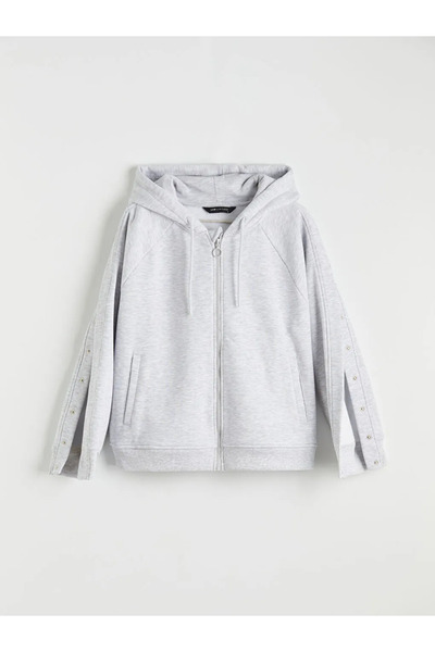 LC Waikiki Γκρι γυναικείο φούτερ με κουμπωτά μανίκια, oversized, με χοντρό φε...