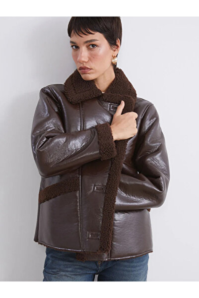 LC Waikiki Brown Plush Shirt Collar Women's Leather-Look Coat