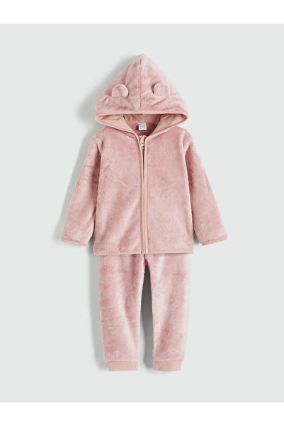 LC Waikiki Pink Hooded Baby Girl Plush Tracksuit Set
