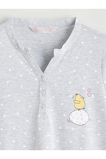 LC Waikiki Gray Crochet Collar Chick Printed Maternity Nightgown