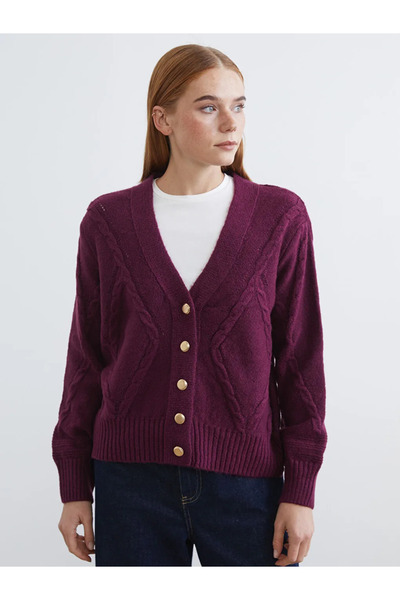 LC Waikiki كارديجان نسائي منسوج ذاتي النمط بياقة على شكل حرف V باللون العنابي