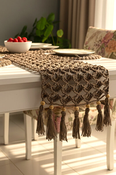 ESAHOME Makrome El Örgüsü Püsküllü Vizon 7 Parça Runner/Supla Seti - Yemek Ma...