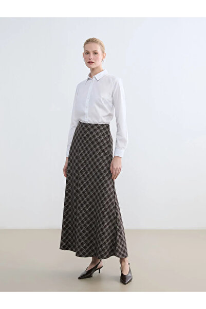 LC Waikiki Brown Plaid Flared Skirt with Elastic Waistband