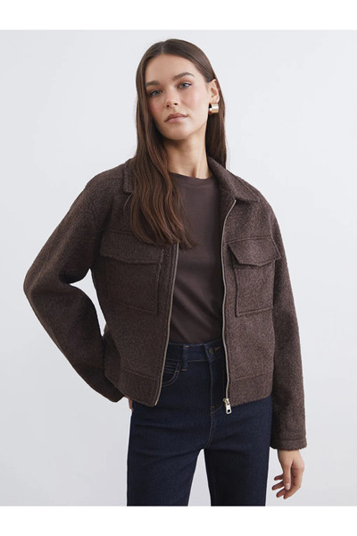 LC Waikiki Brown Shirt Collar Women's Cashmere Jacket