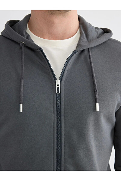 LC Waikiki Anthracite Standard Fit Hooded Men's Zippered Sweatshirt