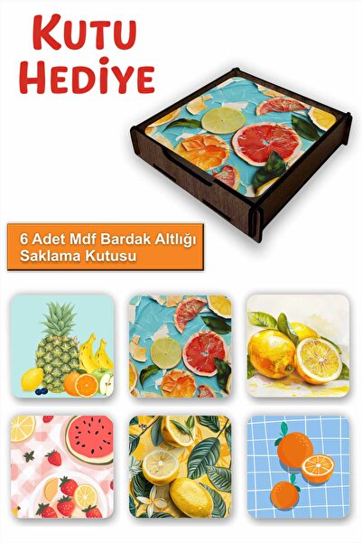 UNT 6-Piece Mdf Coasters with Storage Box – Fruit Themed