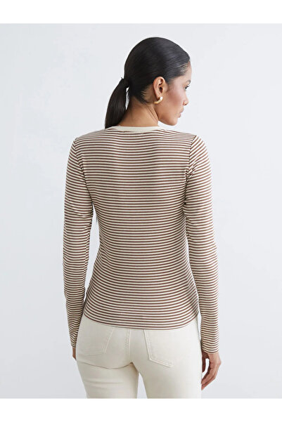 LC Waikiki Beige Crew Neck Striped Women's Bodysuit