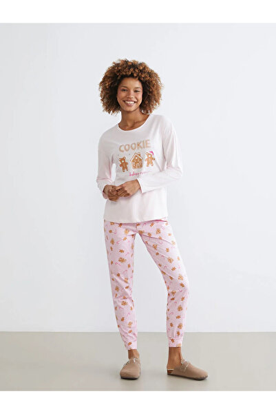 LC Waikiki Pink Crew Neck Christmas Themed Women's Pajama Set