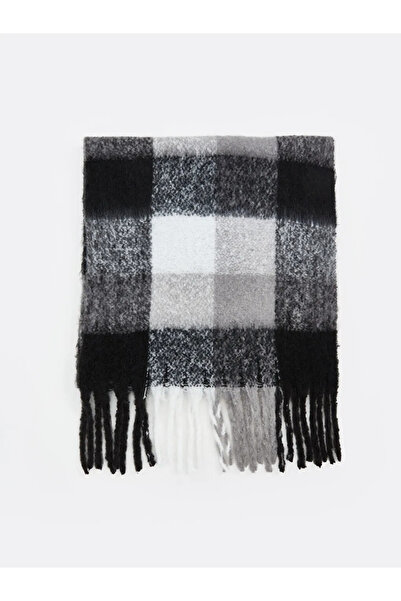 LC Waikiki Black Tassel Detailed Plaid Patterned Men's Scarf