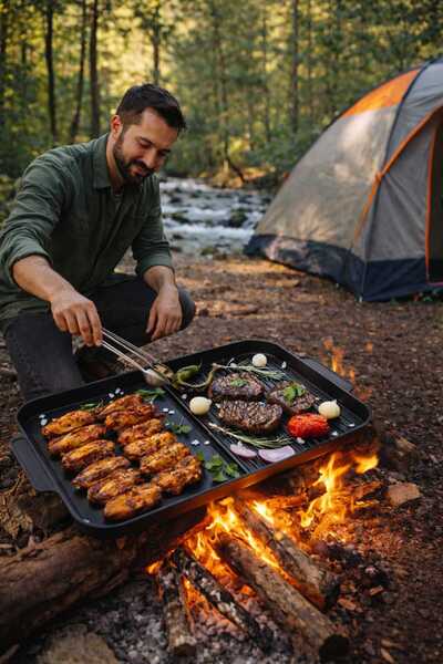 ozbience 2 Gözlü Granit Kamp Tava, Siyah Döküm, Yapışmaz, Yanmaz, 49.5x29 cm