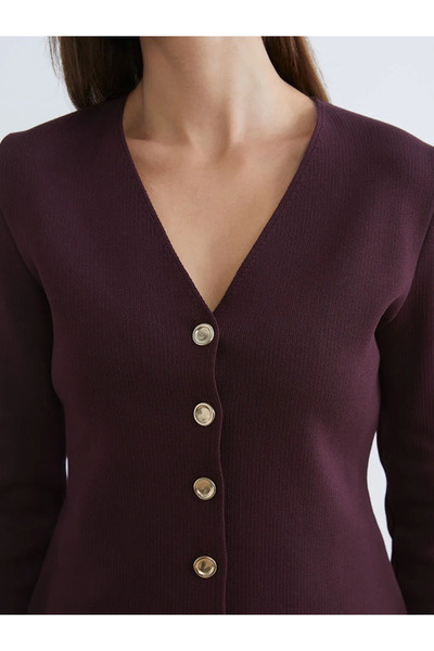 LC Waikiki Burgundy V-Neck Women's Knitwear Cardigan